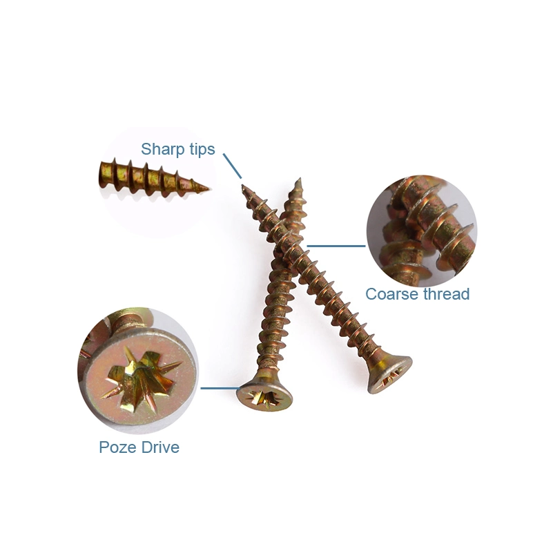 DIN7505 Yellow Zinc Plated Carbon Steel C1022A Pozi Drive Flat Countersunk Csk Head Wood Self Tapping Chipboard Screws
